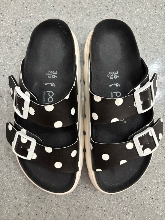 Birkenstock Shoes - Birkenstock Black and White Polka Dot Two-Strap Slide Sandals